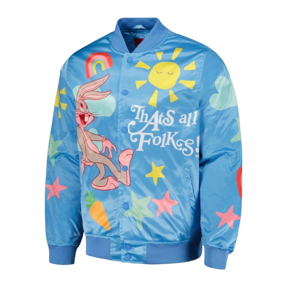Looney Tunes Bugs Bunny Satin Snap Bomber Jacket BLUE Freeze Max Men's - Picture 2 of 2